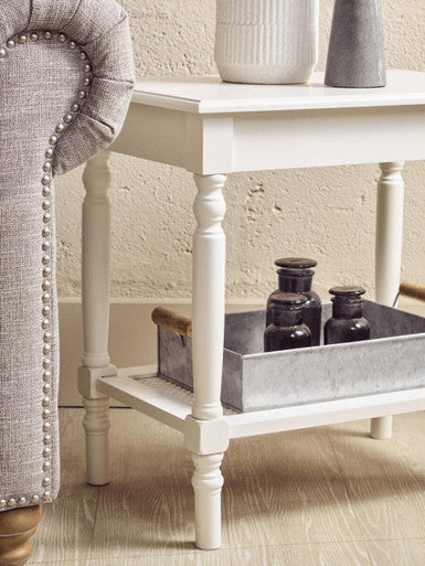 White Wooden 2-Tier Side Table With Cane Rattan Webbing Detail & Carved Legs, Heritage