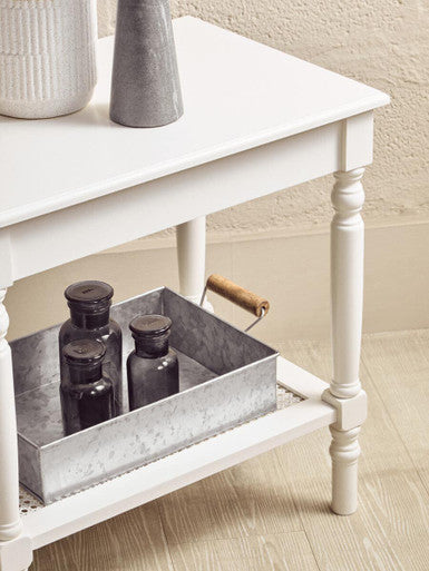 White Wooden 2-Tier Side Table With Cane Rattan Webbing Detail & Carved Legs, Heritage