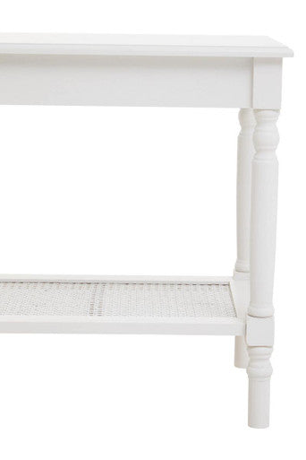 White Wooden 2-Tier Side Table With Cane Rattan Webbing Detail & Carved Legs, Heritage