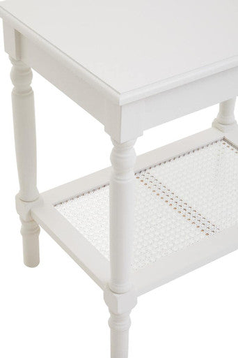 White Wooden 2-Tier Side Table With Cane Rattan Webbing Detail & Carved Legs, Heritage