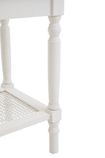 White Wooden 2-Tier Side Table With Cane Rattan Webbing Detail & Carved Legs, Heritage