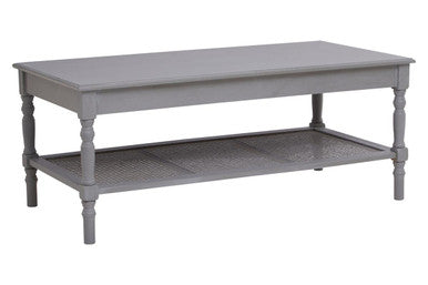 Slate Grey Wooden Coffee Table With Cane Webbed Lower Shelf & Carved Spindle Legs, Heritage