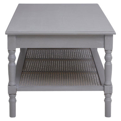 Slate Grey Wooden Coffee Table With Cane Webbed Lower Shelf & Carved Spindle Legs, Heritage