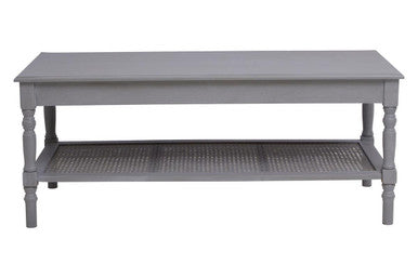 Slate Grey Wooden Coffee Table With Cane Webbed Lower Shelf & Carved Spindle Legs, Heritage