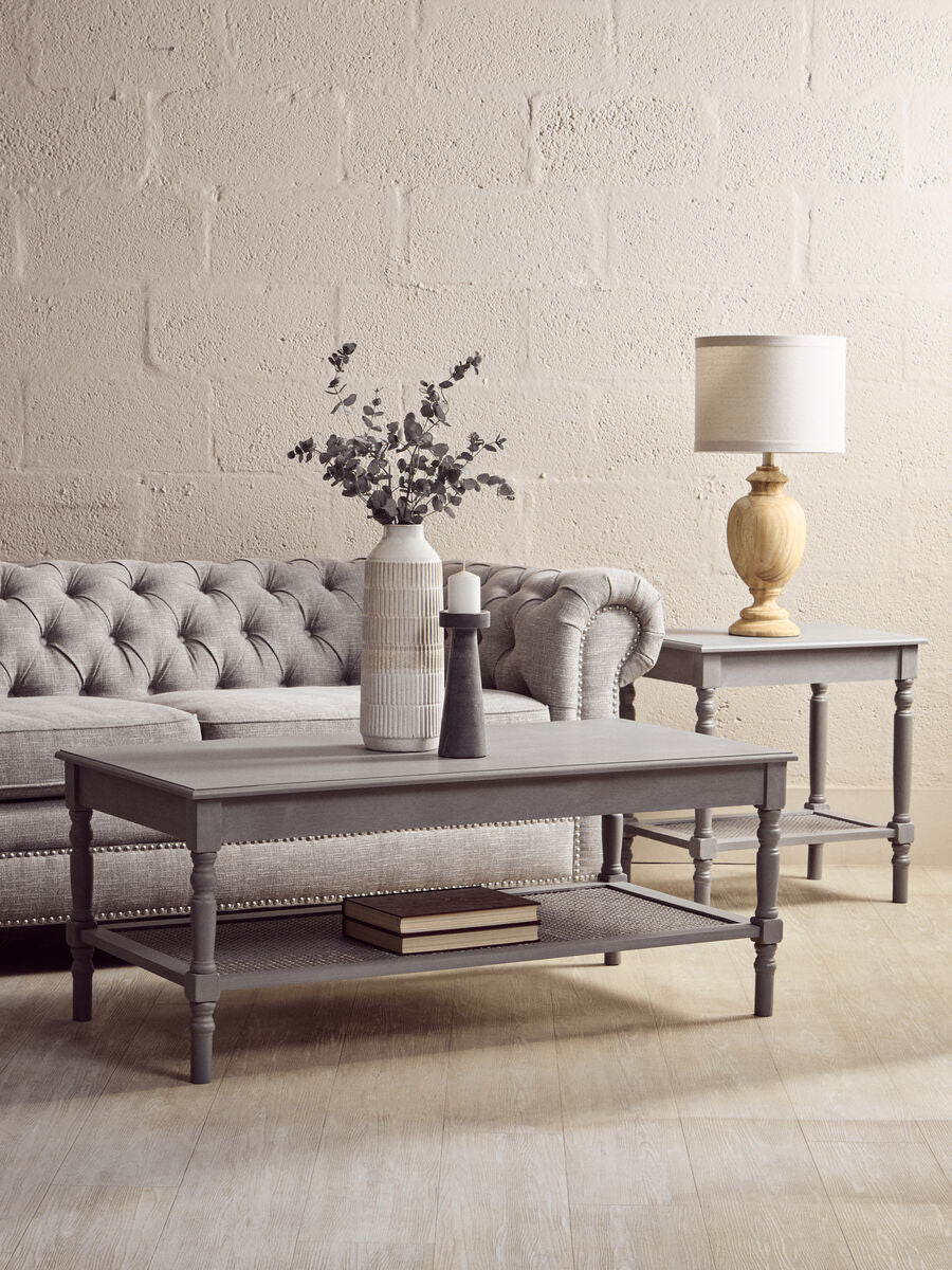 Slate Grey Wooden Coffee Table With Cane Webbed Lower Shelf & Carved Spindle Legs, Heritage
