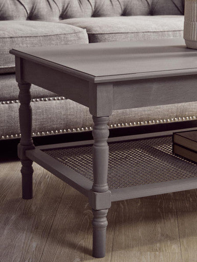 Slate Grey Wooden Coffee Table With Cane Webbed Lower Shelf & Carved Spindle Legs, Heritage
