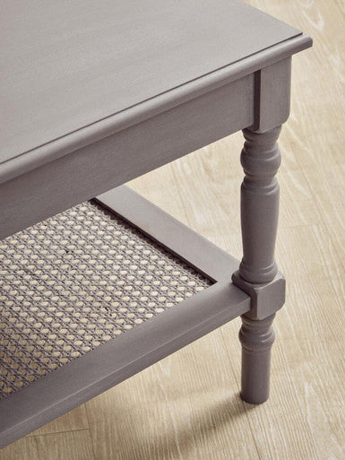 Slate Grey Wooden Coffee Table With Cane Webbed Lower Shelf & Carved Spindle Legs, Heritage