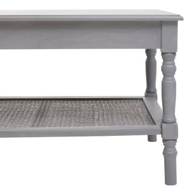 Slate Grey Wooden Coffee Table With Cane Webbed Lower Shelf & Carved Spindle Legs, Heritage