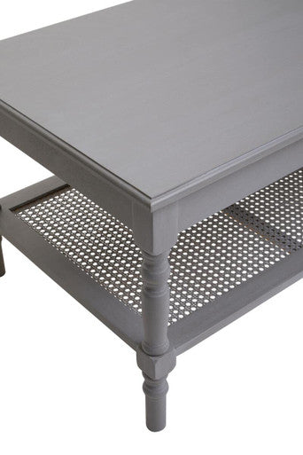 Slate Grey Wooden Coffee Table With Cane Webbed Lower Shelf & Carved Spindle Legs, Heritage