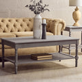 Slate Grey Wooden Coffee Table With Cane Webbed Lower Shelf & Carved Spindle Legs, Heritage