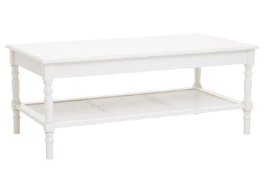 White Wooden Coffee Table With Cane Webbed Lower Shelf & Carved Spindle Legs, Heritage