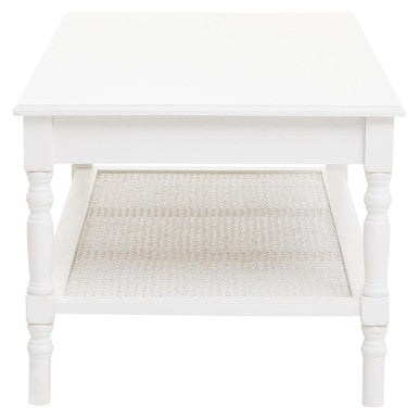 White Wooden Coffee Table With Cane Webbed Lower Shelf & Carved Spindle Legs, Heritage