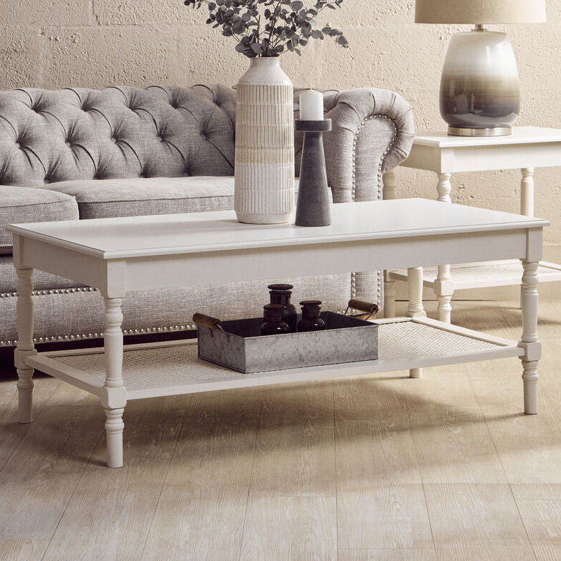 White Wooden Coffee Table With Cane Webbed Lower Shelf & Carved Spindle Legs, Heritage