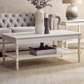 White Wooden Coffee Table With Cane Webbed Lower Shelf & Carved Spindle Legs, Heritage