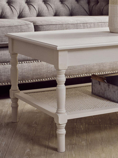 White Wooden Coffee Table With Cane Webbed Lower Shelf & Carved Spindle Legs, Heritage
