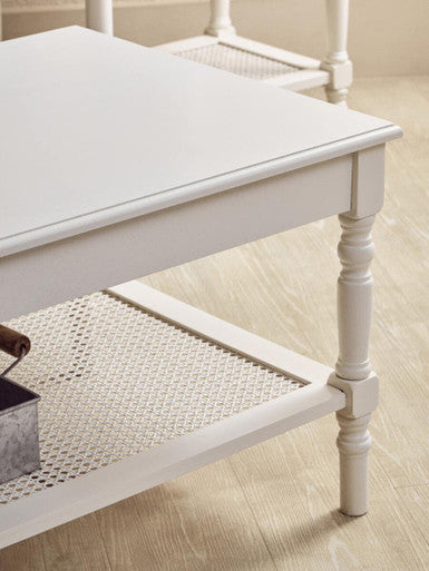White Wooden Coffee Table With Cane Webbed Lower Shelf & Carved Spindle Legs, Heritage