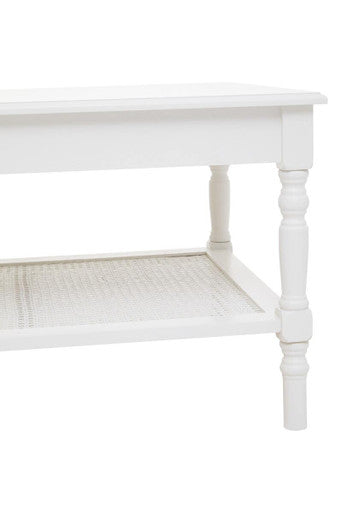 White Wooden Coffee Table With Cane Webbed Lower Shelf & Carved Spindle Legs, Heritage