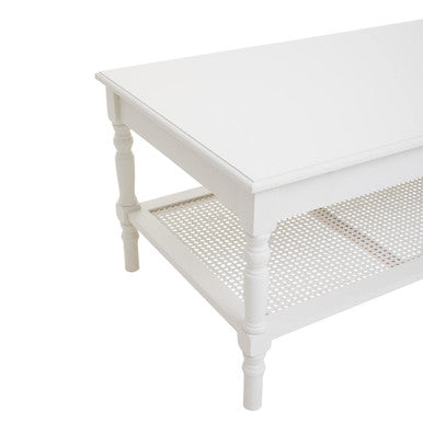 White Wooden Coffee Table With Cane Webbed Lower Shelf & Carved Spindle Legs, Heritage