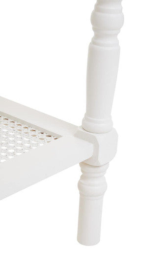 White Wooden Coffee Table With Cane Webbed Lower Shelf & Carved Spindle Legs, Heritage