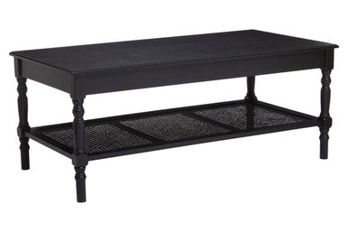 Black Wooden Coffee Table With Cane Webbed Lower Shelf & Carved Spindle Legs, Heritage