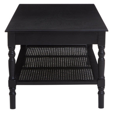 Black Wooden Coffee Table With Cane Webbed Lower Shelf & Carved Spindle Legs, Heritage