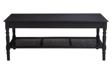 Black Wooden Coffee Table With Cane Webbed Lower Shelf & Carved Spindle Legs, Heritage