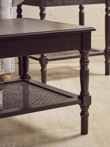 Black Wooden Coffee Table With Cane Webbed Lower Shelf & Carved Spindle Legs, Heritage