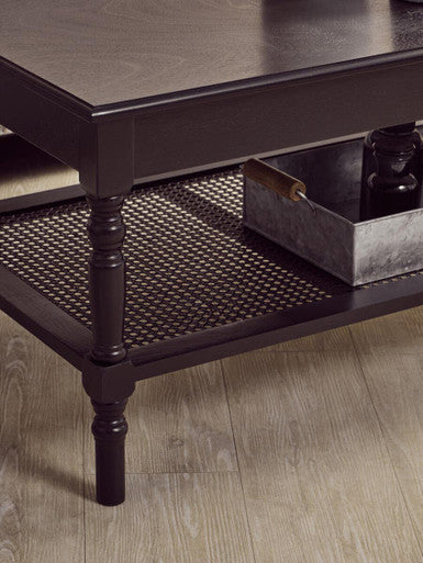 Black Wooden Coffee Table With Cane Webbed Lower Shelf & Carved Spindle Legs, Heritage