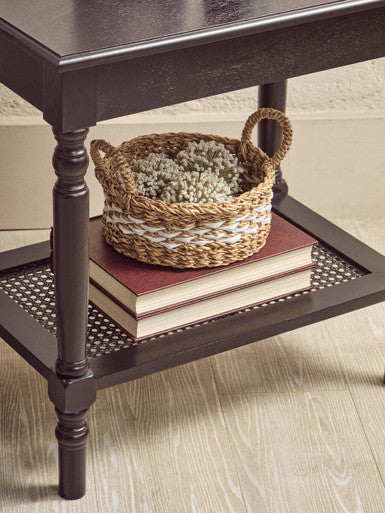 Black Wooden Coffee Table With Cane Webbed Lower Shelf & Carved Spindle Legs, Heritage