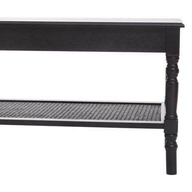 Black Wooden Coffee Table With Cane Webbed Lower Shelf & Carved Spindle Legs, Heritage