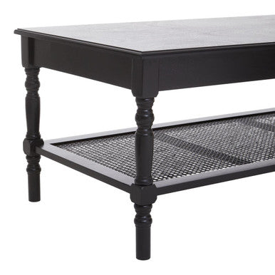 Black Wooden Coffee Table With Cane Webbed Lower Shelf & Carved Spindle Legs, Heritage