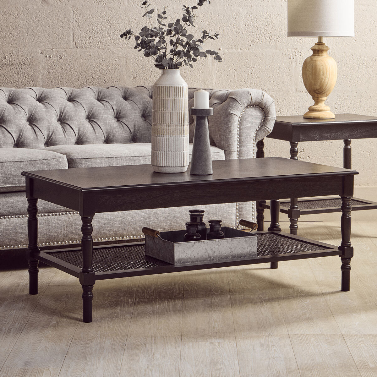 Black Wooden Coffee Table With Cane Webbed Lower Shelf & Carved Spindle Legs, Heritage