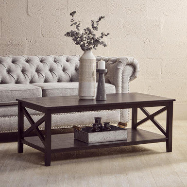 Black Wooden Coffee Table With Lower Shelf & X Frame Side Panels, Heritage