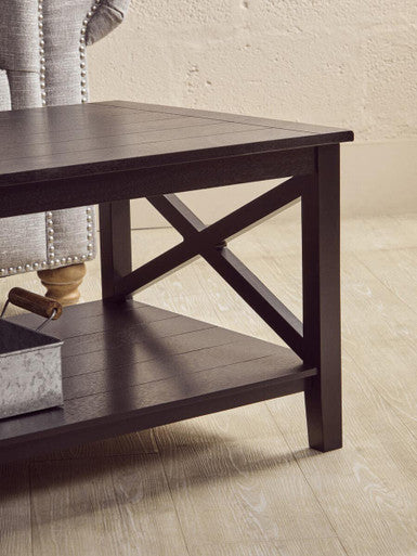 Black Wooden Coffee Table With Lower Shelf & X Frame Side Panels, Heritage