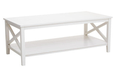 White Wooden Rectangular Coffee Table With Lower Shelf & X Frame Side Panels, Heritage