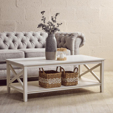 White Wooden Rectangular Coffee Table With Lower Shelf & X Frame Side Panels, Heritage