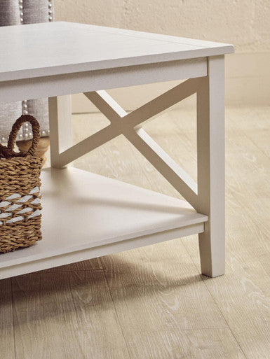 White Wooden Rectangular Coffee Table With Lower Shelf & X Frame Side Panels, Heritage