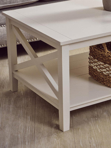 White Wooden Rectangular Coffee Table With Lower Shelf & X Frame Side Panels, Heritage