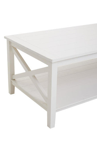 White Wooden Rectangular Coffee Table With Lower Shelf & X Frame Side Panels, Heritage