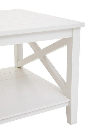 White Wooden Rectangular Coffee Table With Lower Shelf & X Frame Side Panels, Heritage