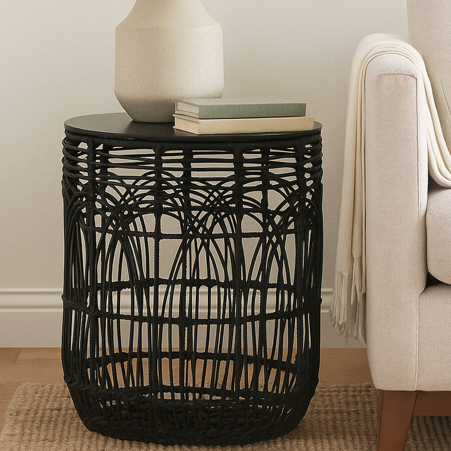 Black Round Rattan Stool Or Side Table, Arles