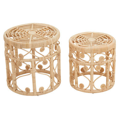 Natural Rattan Set Of Two Nesting Tables With Tight Weave Top & Scrolled Base, Mataram