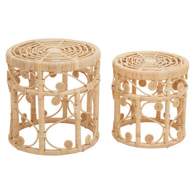 Natural Rattan Set Of Two Nesting Tables With Tight Weave Top & Scrolled Base, Mataram
