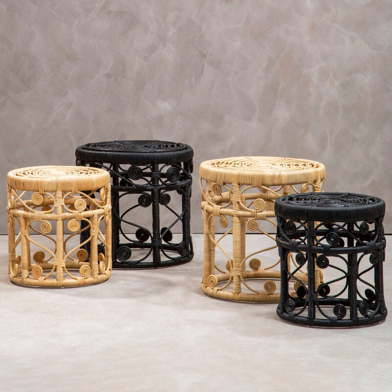 Natural Rattan Set Of Two Nesting Tables With Tight Weave Top & Scrolled Base, Mataram
