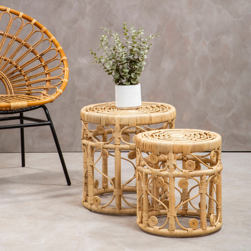 Natural Rattan Set Of Two Nesting Tables With Tight Weave Top & Scrolled Base, Mataram