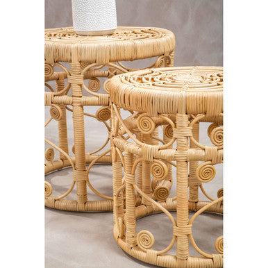 Natural Rattan Set Of Two Nesting Tables With Tight Weave Top & Scrolled Base, Mataram