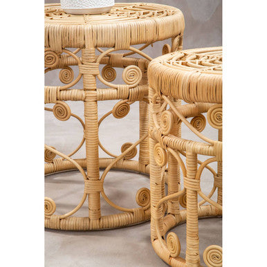 Natural Rattan Set Of Two Nesting Tables With Tight Weave Top & Scrolled Base, Mataram