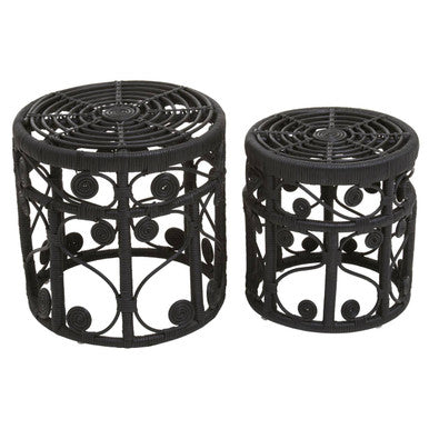 Black Natural Rattan Set Of Two Nesting Tables With Tight Weave Top & Scrolled Base, Mataram
