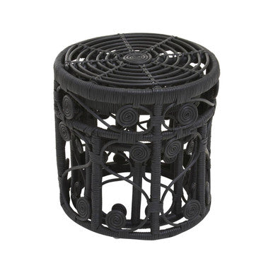 Black Natural Rattan Set Of Two Nesting Tables With Tight Weave Top & Scrolled Base, Mataram