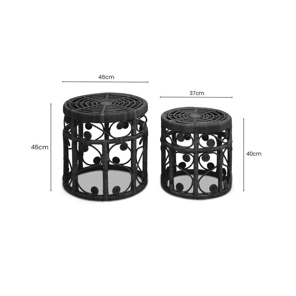 Black Natural Rattan Set Of Two Nesting Tables With Tight Weave Top & Scrolled Base, Mataram